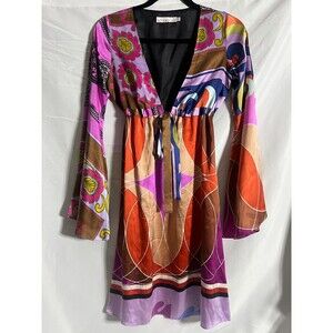 Alice & Trixie Dress Silk Tie Front Retro Bell Sleeves Tunic Dress XS